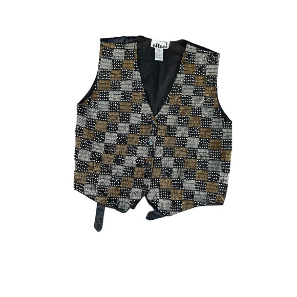 Vintage‎ Effect! Brown Black Checkerboard Sequin Vest Medium Western Style - Picture 2 of 8